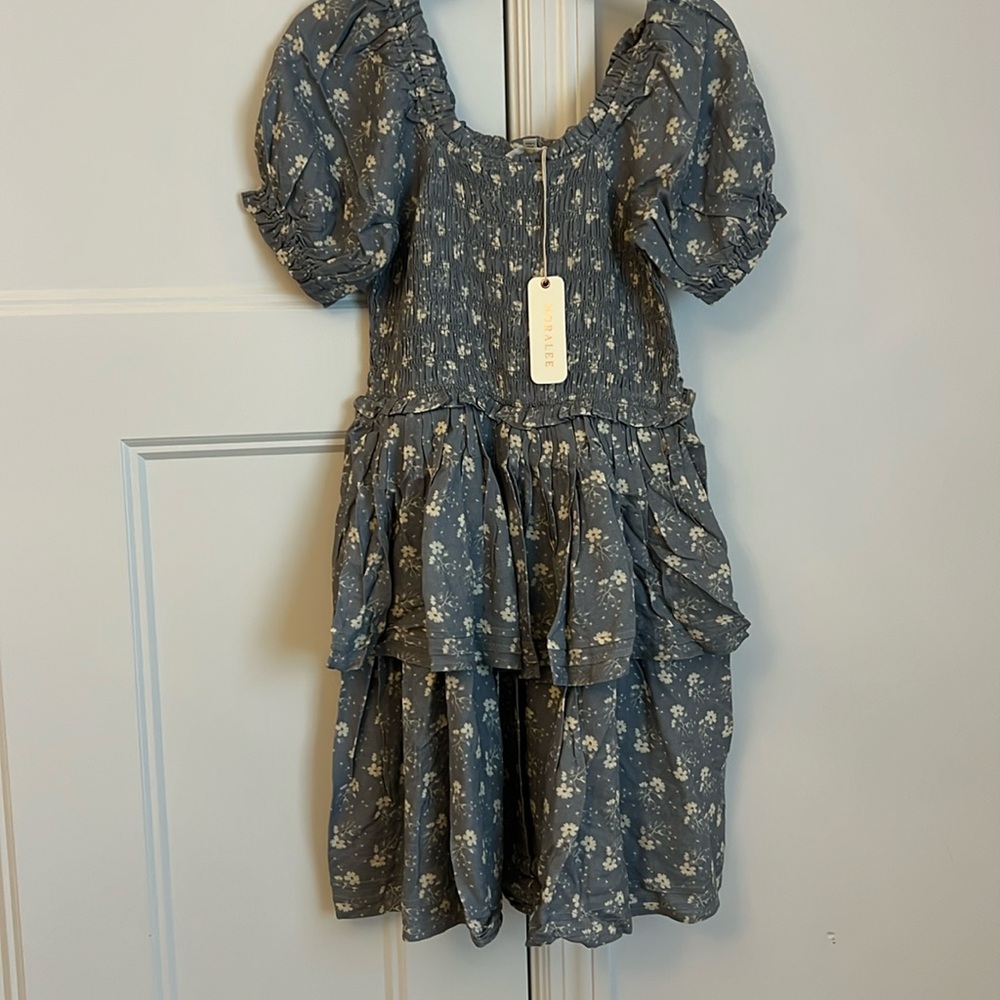 Girls' Slate Blue Floral Smocked Mini Dress